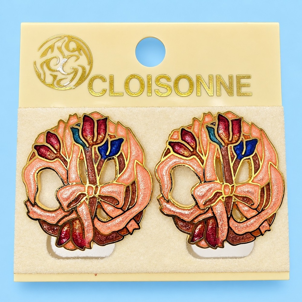 Vintage Cloisonne Floral Clip On Earrings Enamel Gold Tone Taiwan ROC NOS -3573